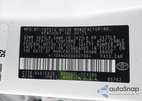 2025 Toyota Camry Se z USA, uszkodzony, nr VIN 4T1DAACK4SU607964